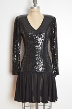 vintage 80s dress black sequin sheer chiffon drop waist prom party cocktail S
