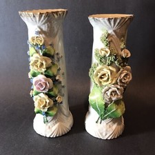 Lot 2 Flower Rose Encrusted Vases Porcelain Unmarked 8" & 7.5" H