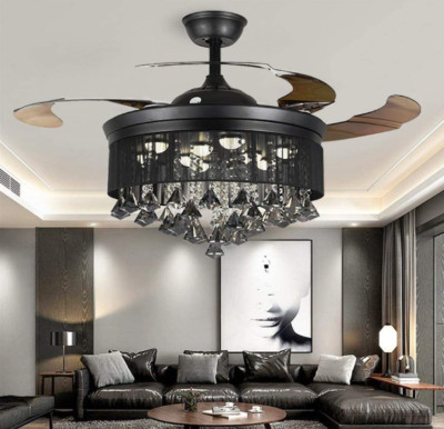 42'' Retractable Black Crystal Ceiling Fan Light LED 3-Color Change Chandelier