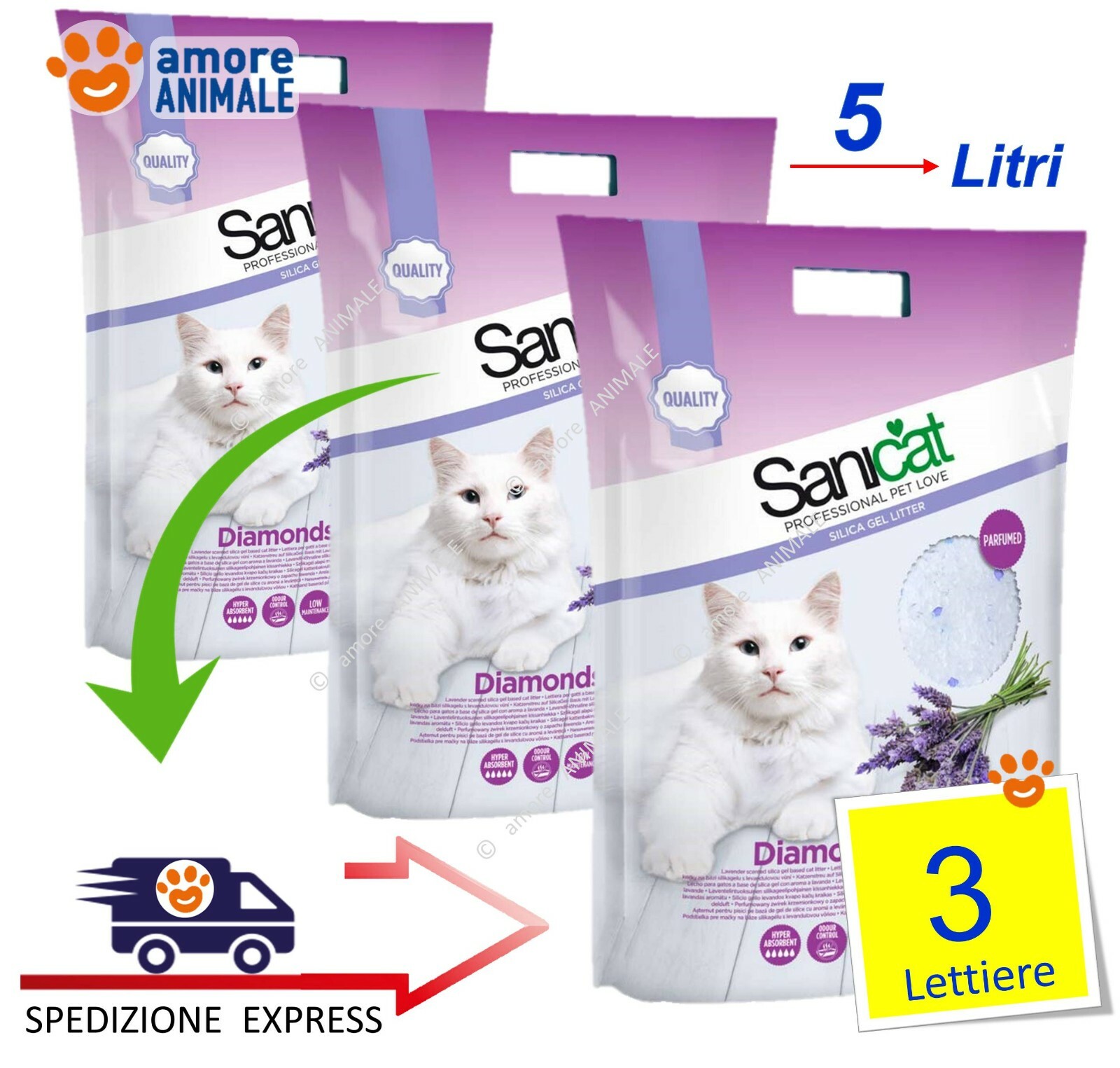 SANICAT Diamonds Lettiera alla LAVANDA  5 / 15 Litri  da 1 FINO a 4 confezioni: 4 - lettiere da 15 Litri (60 LT) img 2