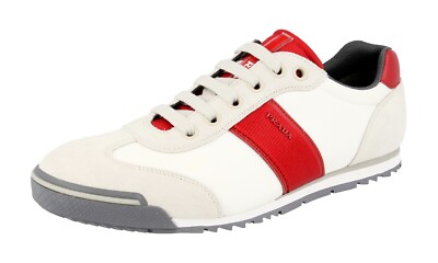 PRADA Leder Lane Sneaker LINEA ROSSA 4E3110 - Weiss Beige Rot - NEU -  9 43