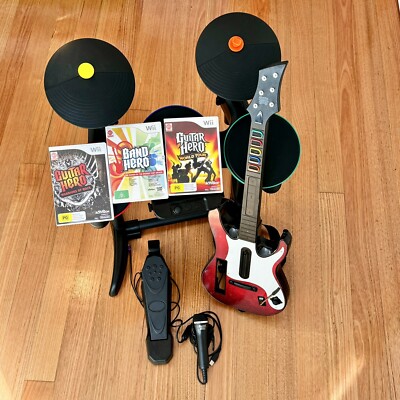 Nintendo Wii Guitar Hero Band Hero Bundle -, Drums, Guitar, Mic,