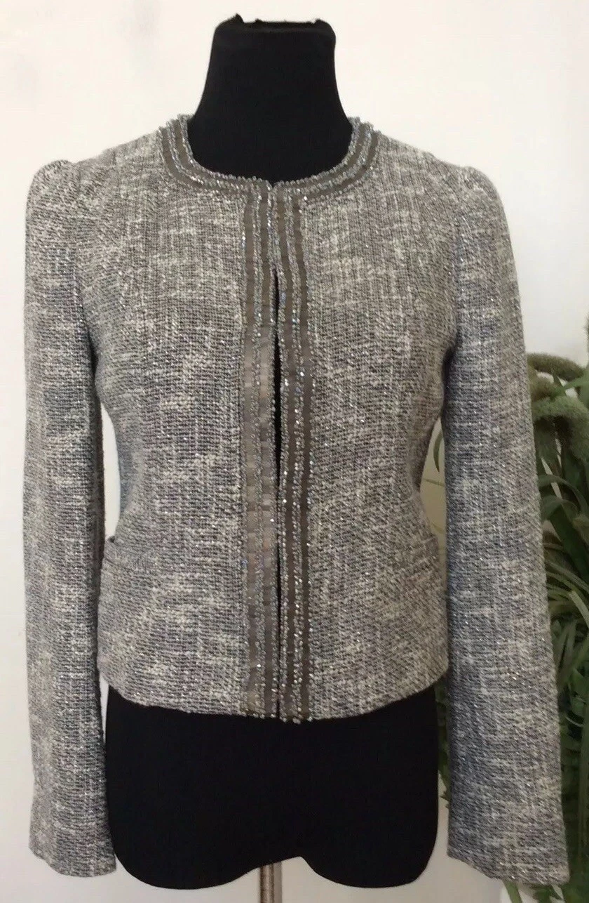 Nuova giacca da donna Tory Burch grigia tweed grigio avorio taglia 4 prezzo al dettaglio $526