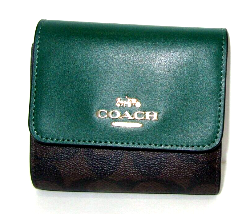 Coach CE930 Small Trifold Wallet Brown Signature Pine Green