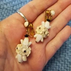 Vtg Rare Shape White MILK GLASS Flower Basket Bead Dangle Clip On EARRINGS