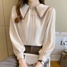Camicia Maglia Blusa Donna Camicetta Chiffon Beige Pizzo Raso Elegante 81283