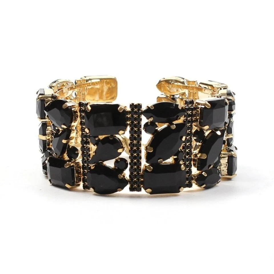 Bracciale donna con strass e pietre sfaccettate elegante base oro semirigido - Immagine 2 di 3