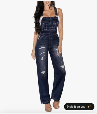 Hybrid & Company Womens Super Comfy Denim Overalls Distressed 1XL (T-55)