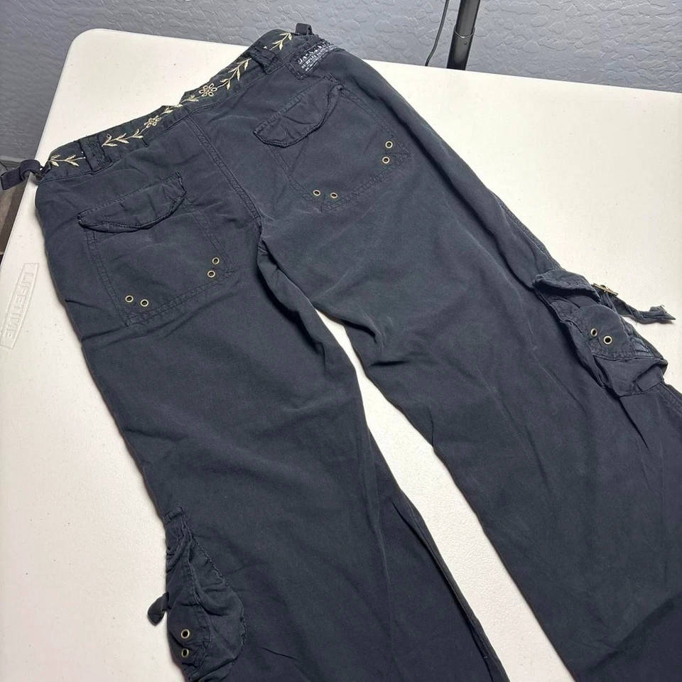 Y2K редкая заниженной Da-Nang излишки черный шелк желтовато-коричневый вышитый цветочный грузовой брюки - Изображение 3 из 4