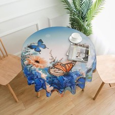 Floral Tablecloth Round 60 Inch Butterfly Flower Table Cloth Washable Farmhou...