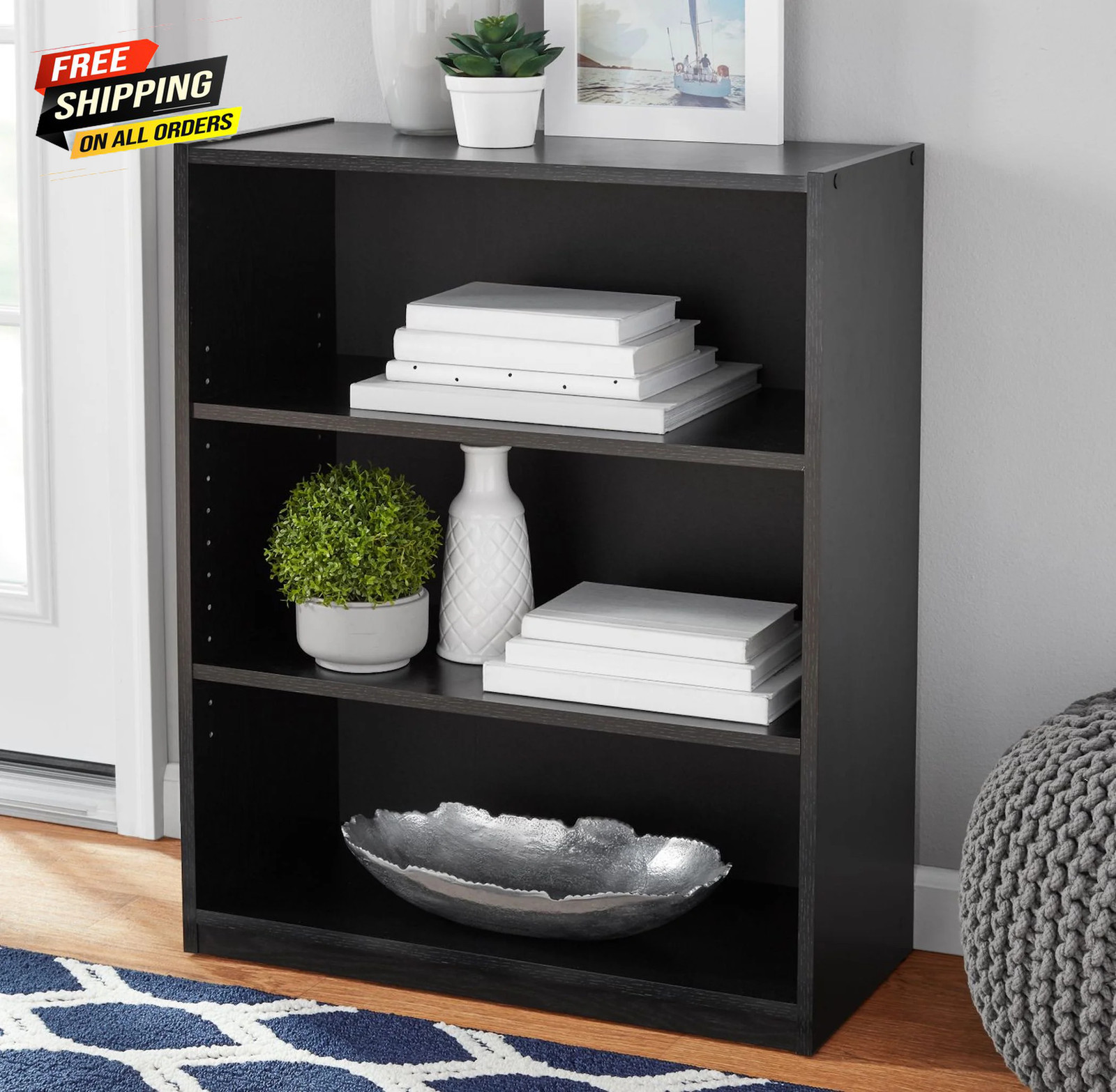3-Shelf Bookcase with Adjustable Shelves, True Black Oak