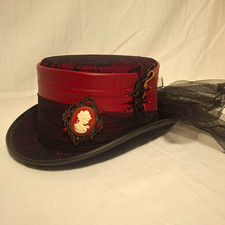 Spirit Gothic Top Hat Red/Black Lace with Tulle Veil One Size Halloween NEW