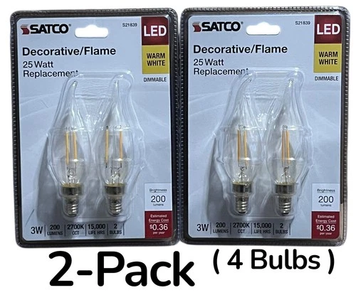 Satco S21839 Led Flame Light Bulb 3W 25W Warm White CA10 Candelabra 4-Pack New - Picture 1 of 4