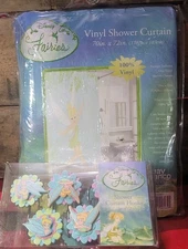 VINTAGE Disney Fairies Tinker Bell Vinyl Shower Curtain 70x72 + 12 Hook Set NOS