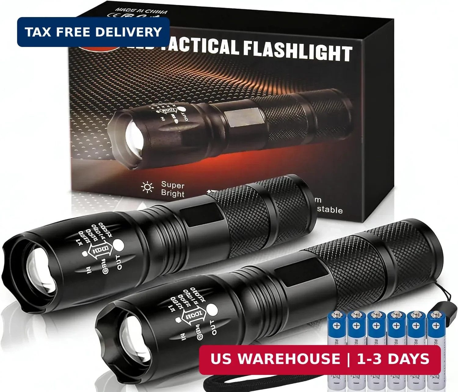 Zoomable LED Flashlights 5 Modes Bright Tactical Torch High Lumens 2Pack | Chris