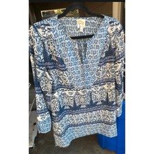 Fig and Flower Blue White Floral Paisley Split Neck Tunic Blouse Sz M