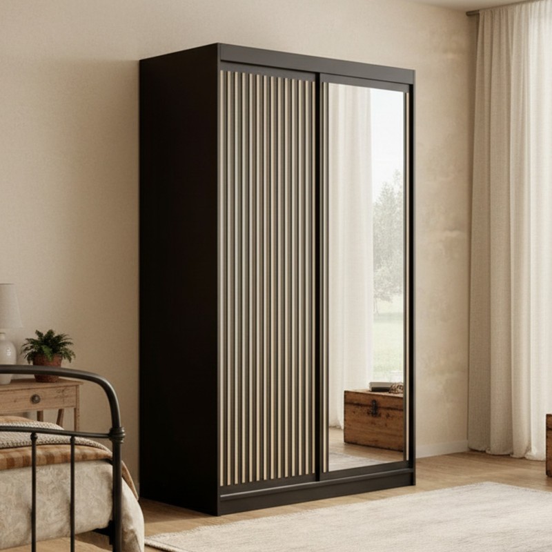 DELIA 120 - Bedroom Storage Sliding Wardrobe with Slats - Black
