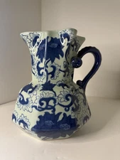 3.5 Qt Ceramic Jug Pitcher Vintage Floral Blue & White Vase Porcelain Octagonal