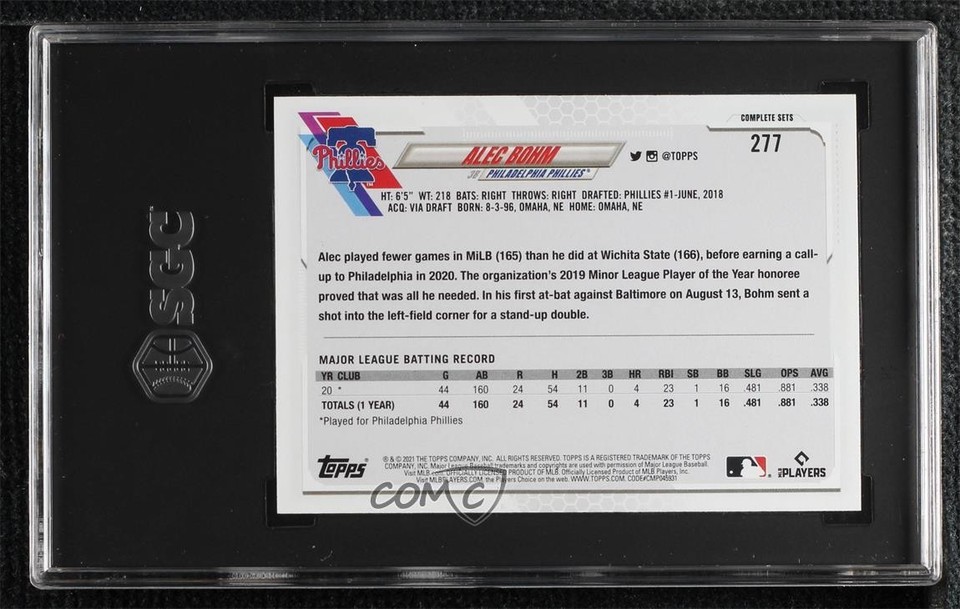 Photo inspiration: Visual Reference: 2021 Topps Factory Set Variation Alec Bohm 277 Sgc 10
