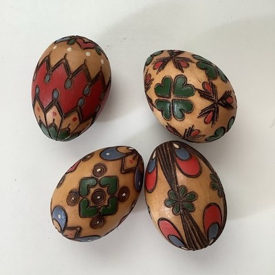 Traditional Polish Wooden Easter Eggs Known As Pisanki  X 4 Hand Painted Carved