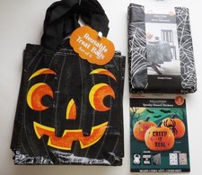 Lot of 3 New Halloween Items Spider Web Tablecloth Pumpkin Stencils  6 Bags NWT
