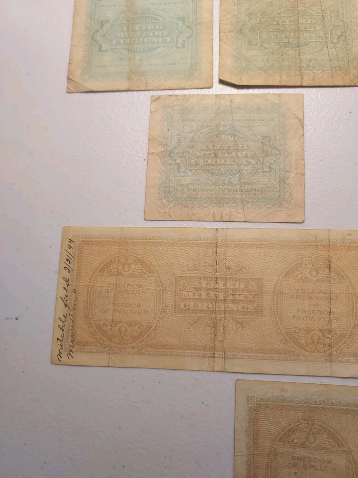 1943 Italy WWII Allied Military 9 Note Set; 1 to 1000 Lire Allied Invasion Notes - Image 3 of 4