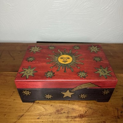 Celestial Sun and Moon Wooden Jewelry Box