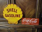 Lot 2 Vintage Coca Cola Porcelain Metal Beverage Soda Gas Station Sign Shell gas