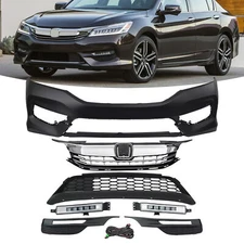For 2016-2017 Honda Accord Front Bumper Upper Lower Grill & LED Fog Lights Set