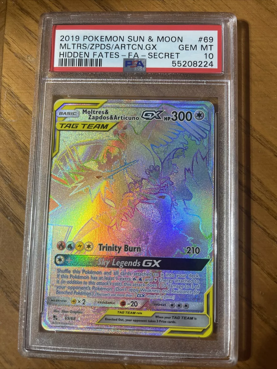 Pokemon - Sun & Moon - Hidden Fates - Moltres & Zapdos & Articuno-GX  (Rainbow Rare) - 69/68 - Graded 