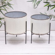 Cream Metal Flower Pot on Stand Legs Zinc Patterned Planter Indoor Outdoor Decor