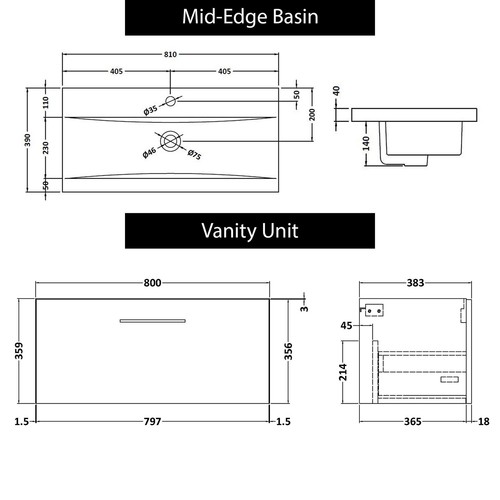 Wall Hung Vanity Unit Cabinet Basin Sink 1 Drawer Multicolour 500/600/800mm - Picture 10 of 39