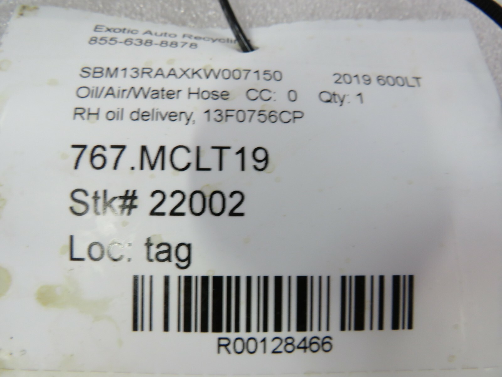 Mclaren 600LT, RH, Right, Oil Delivery Line, Used, P/N 13F0756CP