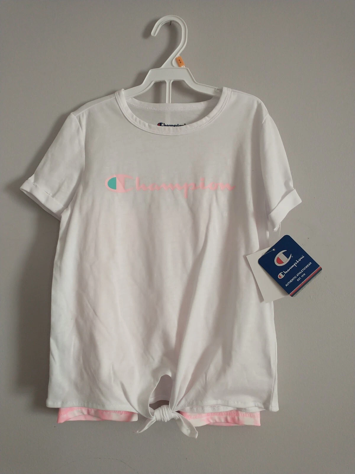 Champion Girls Size 6X 2 Pc Set Logo T-Shirt/Activewear Short White Tie dye pink