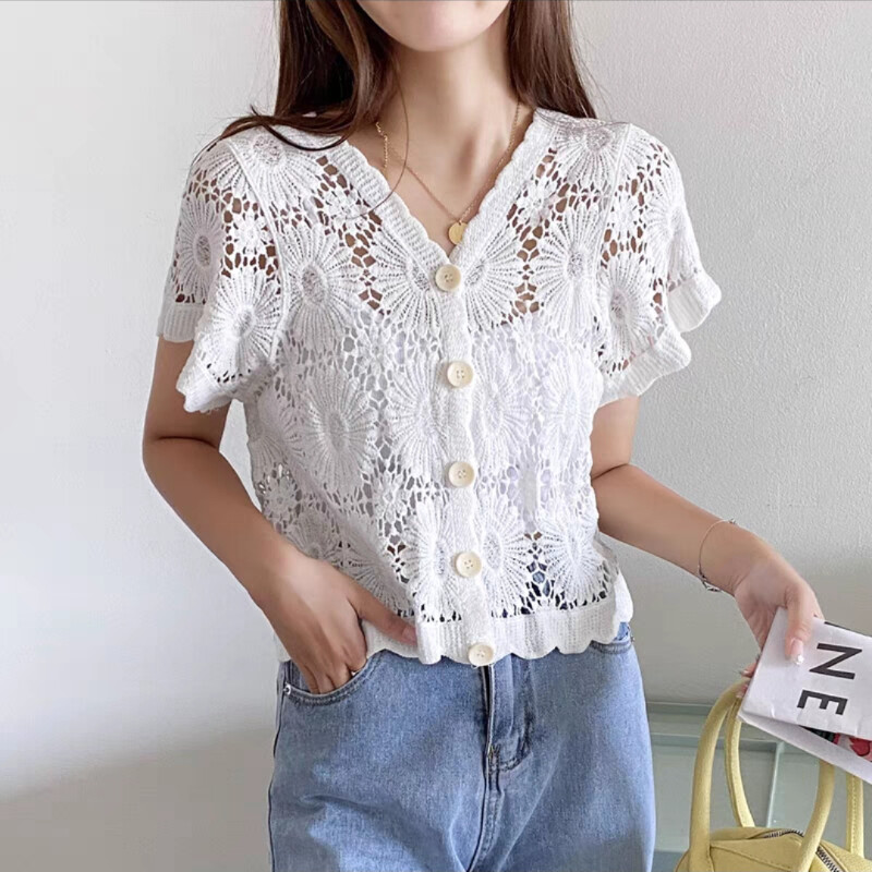 トップス acka flower lace cardigan CMajorHan Women's Cotton Casual Floral Lace Crochet 3/4