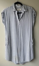 Thread + Supply Sz S Pull On Shift Dress Blue White Stripe Pockets Collared Cute