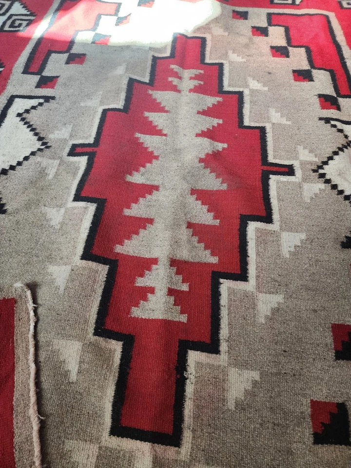 Huge Antique Handmade Native American Navajo Ganado Wool Carpet Rug 80x56 inch - Image 2 of 4