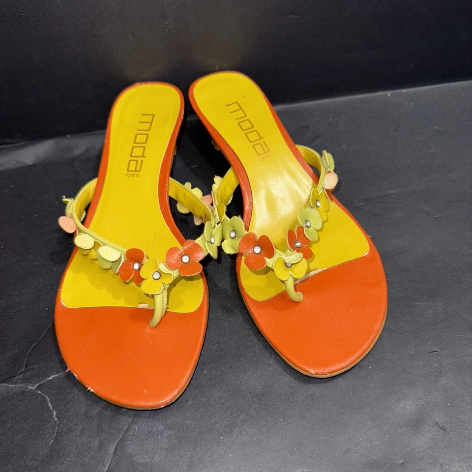 Chanclas Moda Spana Naranja Amarillo Gatito Tacón Floral Preppy De Colección Y2K Talla 6 Foto 3 de 4