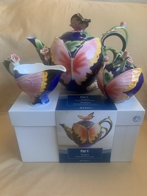Rare Exclusive Pier 1 3D Hand Painted Porcelain Tea Set Butterfly Flowers NIB