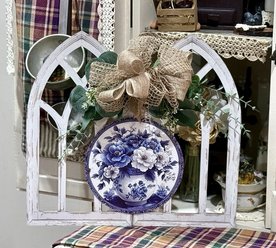 Handcrafted Double Cathedral Wood Wall Arch, Blue Chintz Floral Print, 14x16” - Image 2 of 4