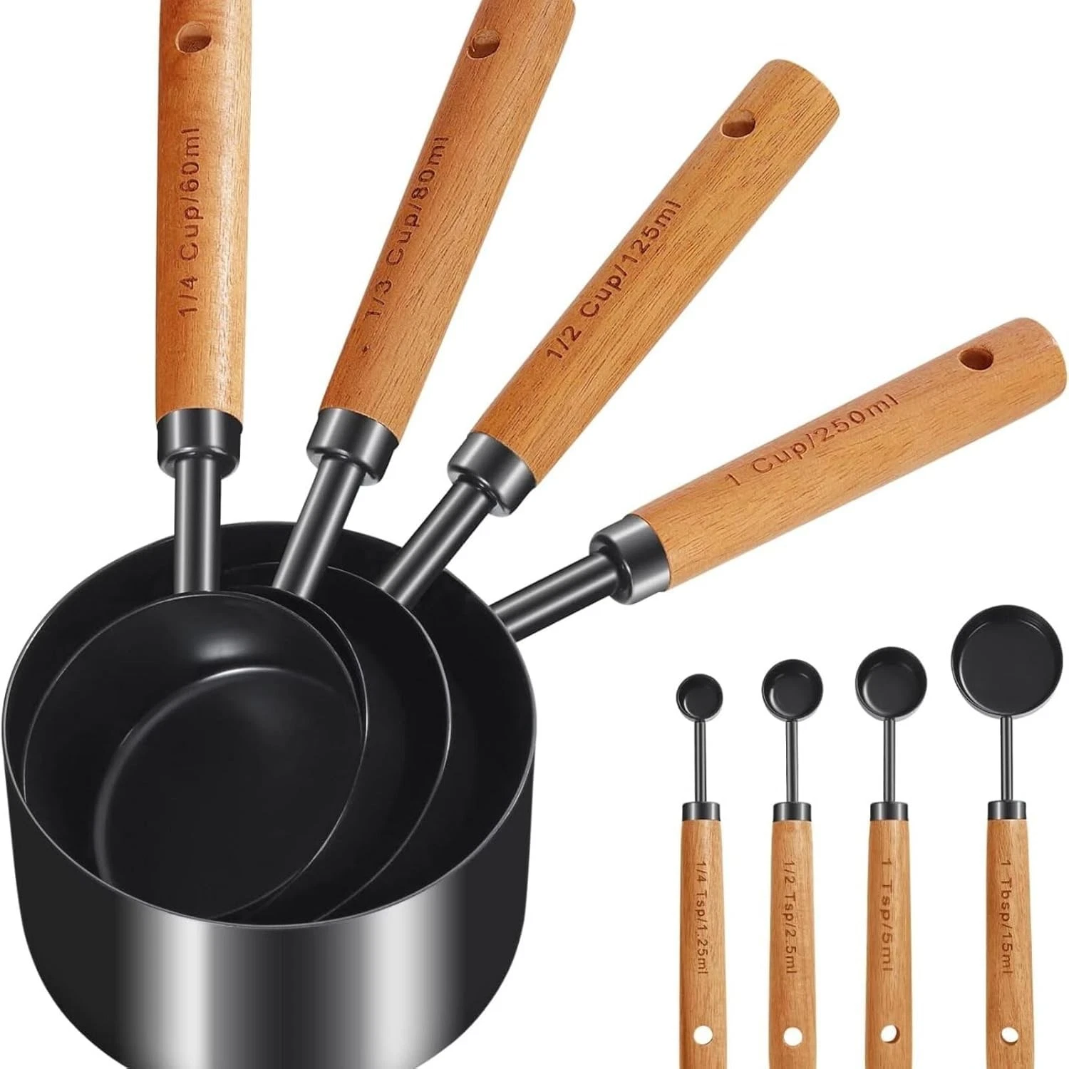 8-Piece Food-Grade Measuring Cups & Spoons Set Nonstick Black Kitchen Measure