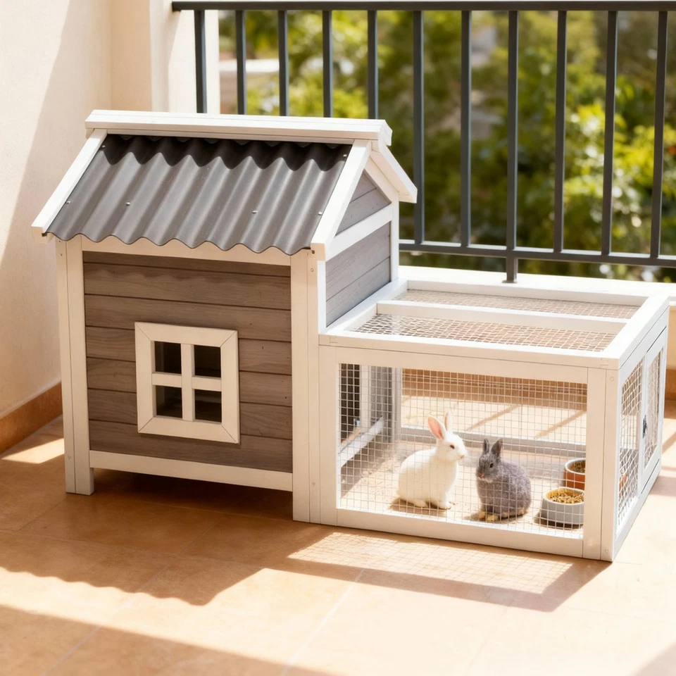 Gallinero de madera para conejos, impermeable al aire libre casa para mascotas con correr  Foto 2 de 4