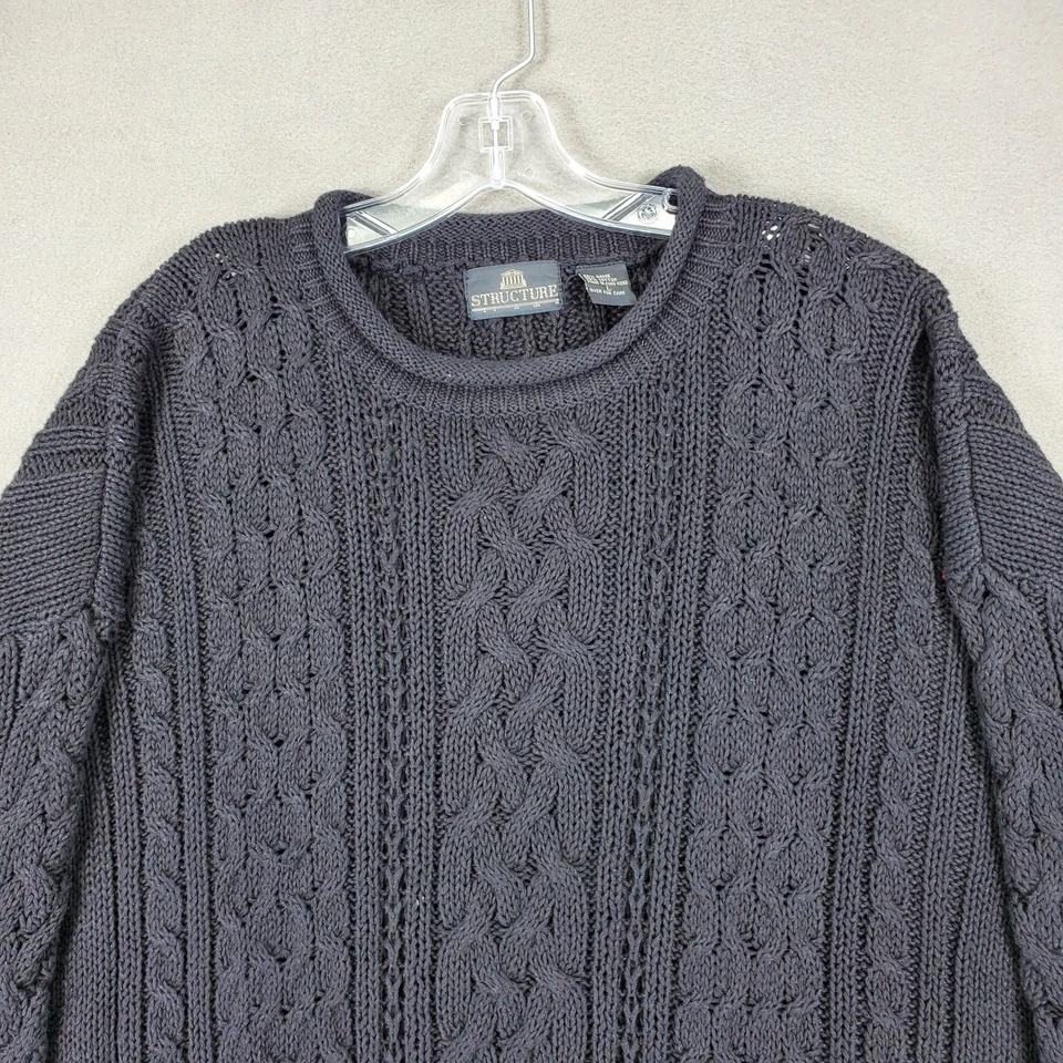 Structure Cable Knit Black Sweater Roll Neck Mens Size L Oversized Fisherman - Image 2 of 4