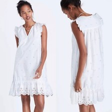 NWT Madewell Eyelet Garden Dress White Cotton Ruffle Shoulder V-Neck Size Medium
