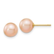 7-8mm 14k Gold 7-8mm Pink Round Freshwater Cultured Pearl Stud Post Earrings