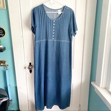 Cotton Denim Jean Vintage Maxi Dress White Flower Buttons Oversized Prairie S