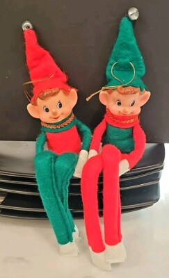 Vintage Knee Hugger Pixie Elf Rubber Face Christmas Ornaments Set / 2 Red Green 