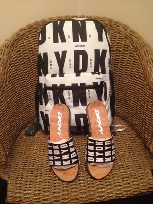 DKNY Fashion Designer Black and White Sandals and Purse Bookbag Size 9