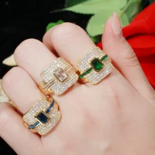 Luxury Square CZ Green Big Ring for Female Wedding Band Yellow Gold Plated Gift