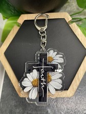4  Silver-tone Daisy Faith Acrylic Keychain Purse Clip New Free Ship B4076